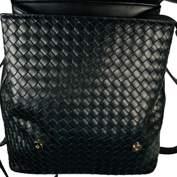 Black Woven Backpack Crossbody Handbag Vegan Leather